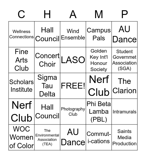 AU Clubs and Organization BINGO Card