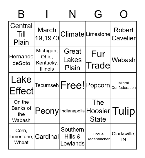 Hoosier History Bingo Card