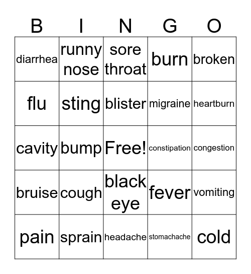 Ailments Bingo Card