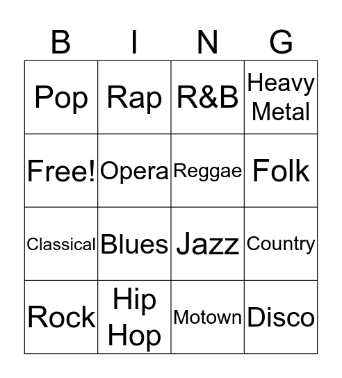 Types of Music Bingo Card