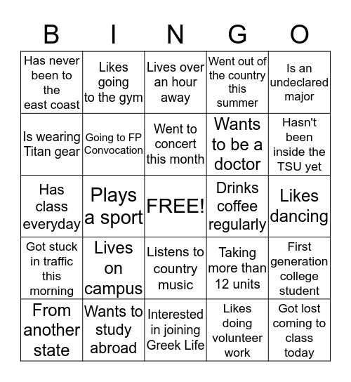 UNIV 100 Bingo Card