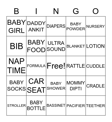 Dipti's Baby Shower Bingo Card