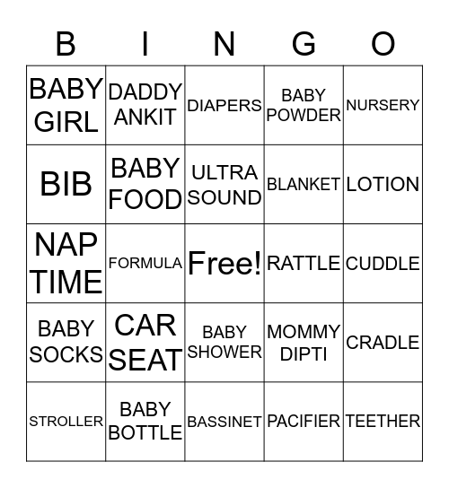 Dipti's Baby Shower Bingo Card