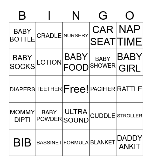 Dipti's Baby Shower Bingo Card