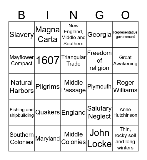 Colonial Era Bingo Card