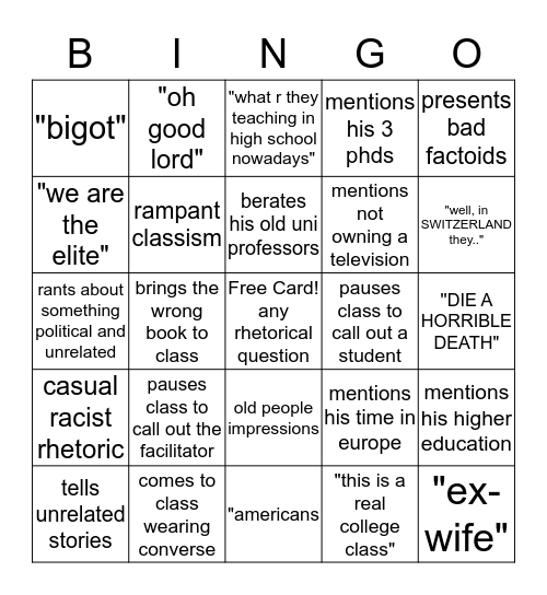 Dr. Griffith Bingo Card