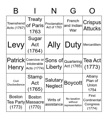 Causes of the American Revolution (8.4A) Bingo Card