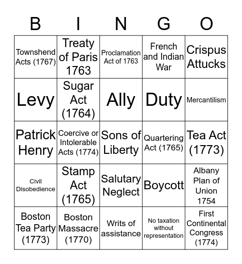 Causes of the American Revolution (8.4A) Bingo Card