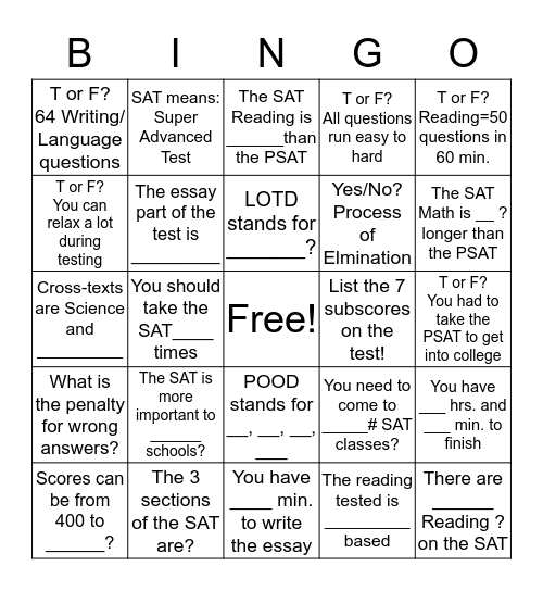 Introduction to the SAT Bingo Card