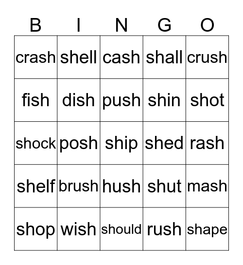 sh sounds Bingo Card