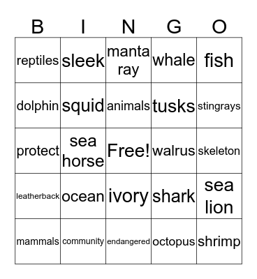 Ocean Animals Bingo Card