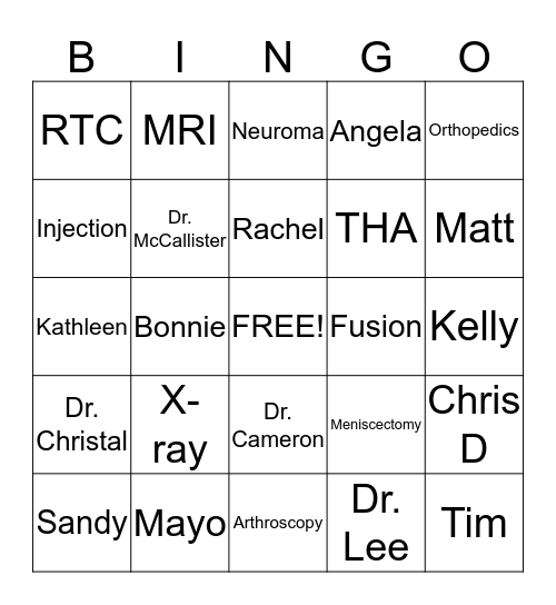 Edmonds Orthopedic Bingo Card