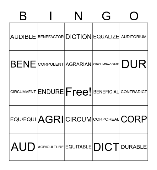 VOCABULARY WEEKS 1-4  Bingo Card