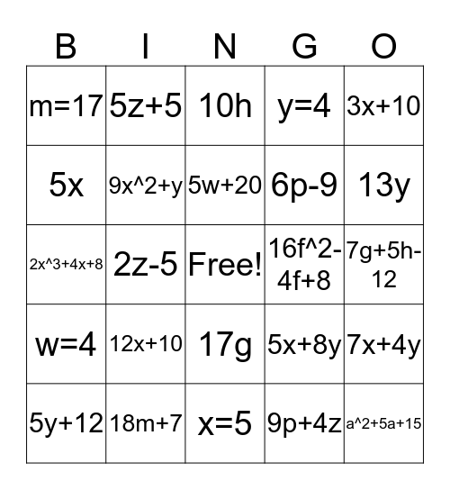 Simplifying Algebraic Expressions by Combining Like Terms and Distributive Property Bingo Card