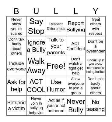 No Bullying Bingo Card