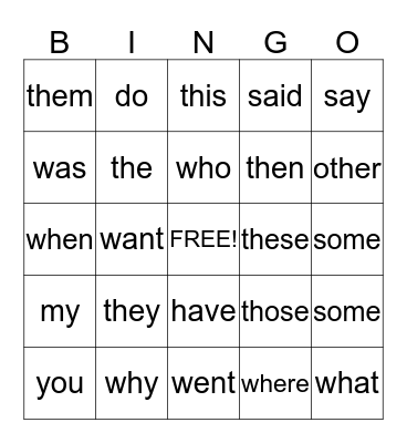 sight words Bingo Card