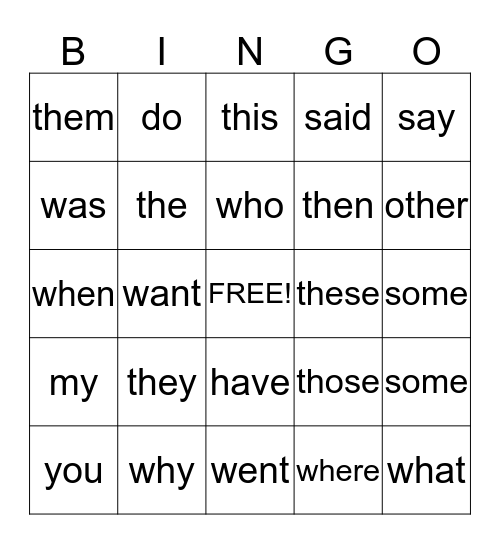 sight words Bingo Card