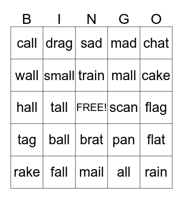 all/am/ag/ake/ail Bingo Card