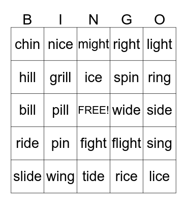 short and long "I" Bingo Card