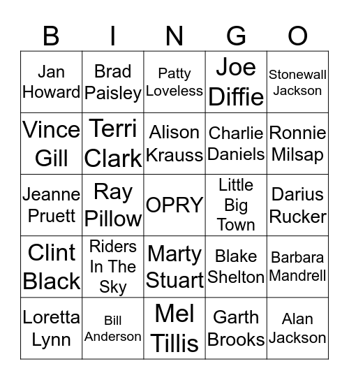 Opry Members Bingo Card
