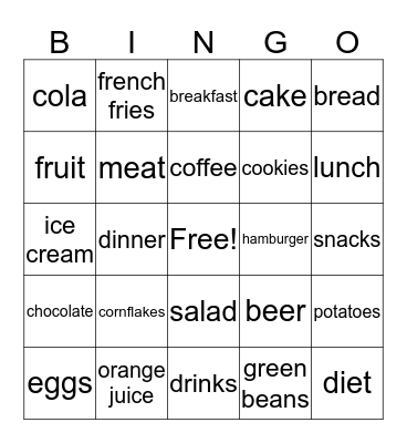 Unit 8 Food Bingo Card