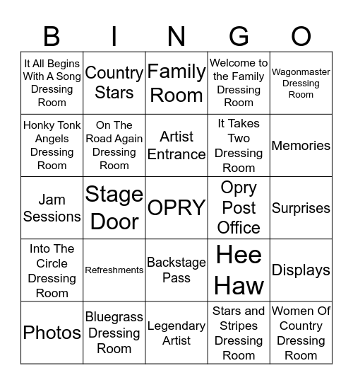 Backstage at the Opry Bingo Card