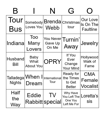 Crystal Gayle Bingo Card