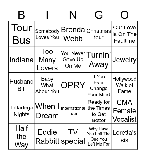 Crystal Gayle Bingo Card