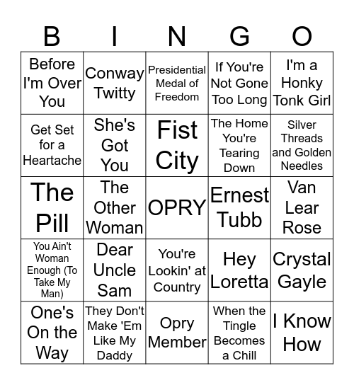 Country Hits - Loretta Lynn Bingo Card