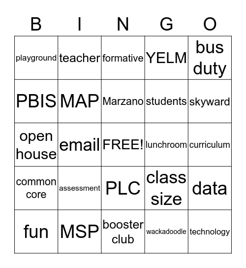 School Time Bingo Card