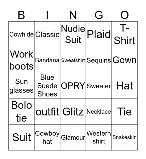 Country Fashion Bingo Card