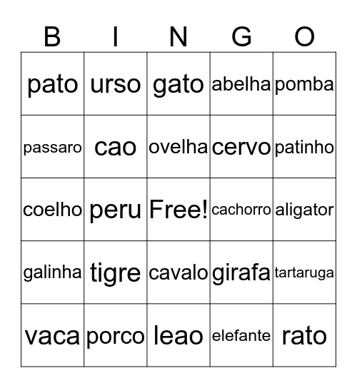 Animales Bingo Card