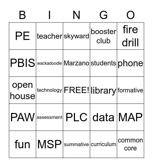 School Time Bingo Card