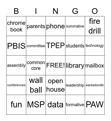 School Time Bingo Card