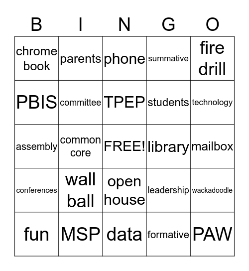 School Time Bingo Card