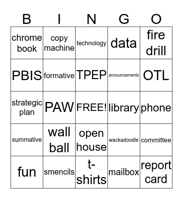 School Time Bingo Card