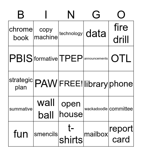 School Time Bingo Card