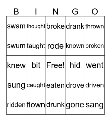 Irregular Verbs Bingo Card