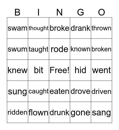 Irregular Verbs Bingo Card