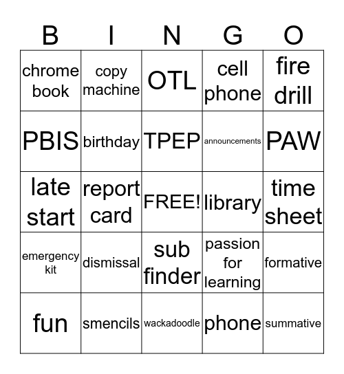 School Time Bingo Card