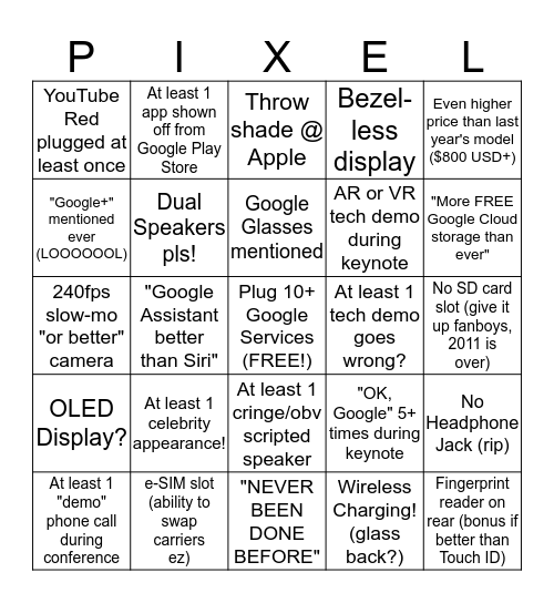Google Pixel 2 Keynote Shitpost Bingo Card
