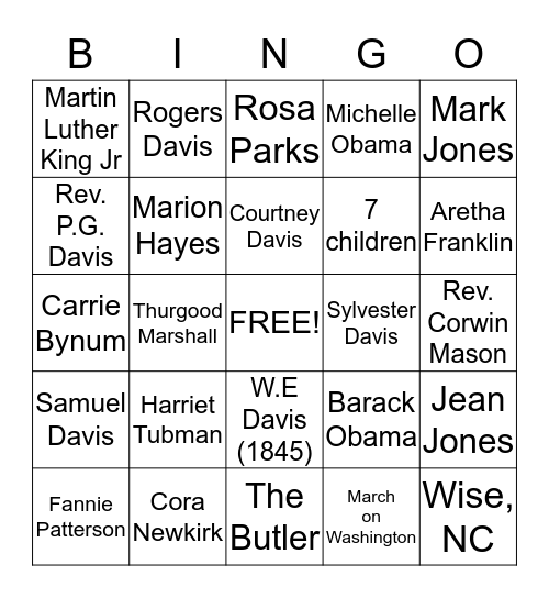 Black History/Family Trivia Bingo Card