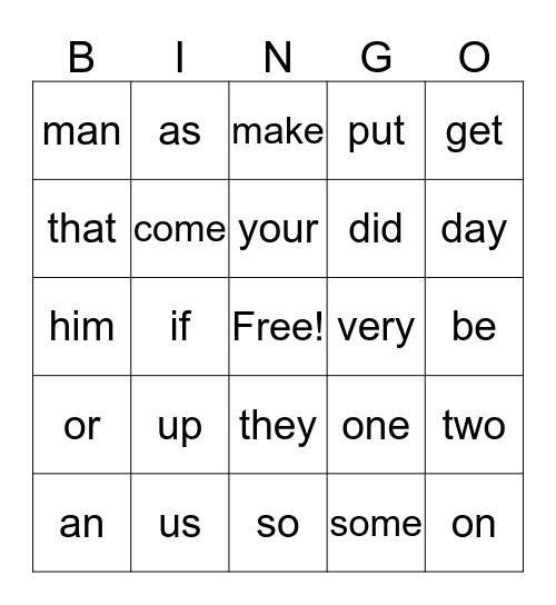 Sight Word Bingo Card