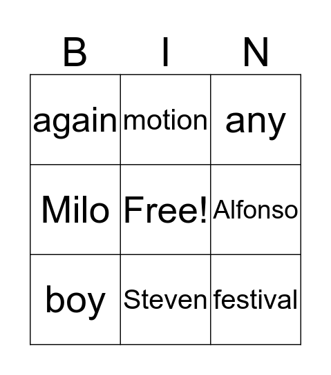 Fall Festival Bingo Card