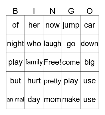 Word Identification Bingo Card