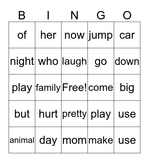 Word Identification Bingo Card
