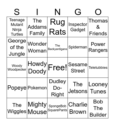 Kid Show Singo! Bingo Card
