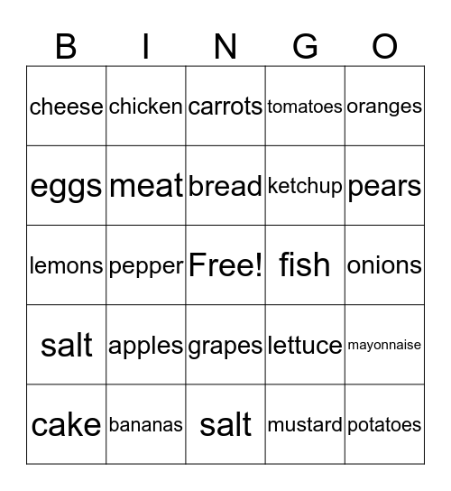 Food Bingo Card