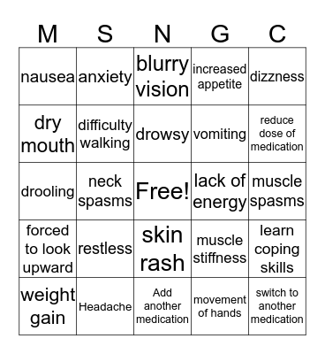 Side Effects Bingo Card