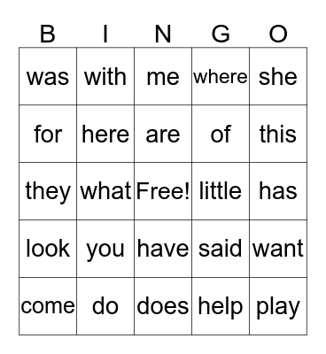 Sight Words Bingo Card